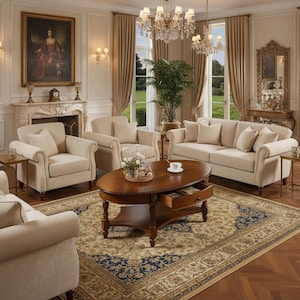 Puede incluir: Un lujoso juego de sala de estar con muebles tapizados en beige, que incluyen un sofá y sillones, dispuestos alrededor de una mesa de centro ovalada de madera oscura. La habitación cuenta con una alfombra estampada, una chimenea y una lámpara de araña.