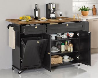 Carrito de isla de cocina rodante de 60 pulgadas con extensión abatible y toma de corriente.