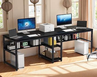 Escritorio para dos personas de 78,8 pulgadas, escritorio doble para computadora con estantería, estación de trabajo rústica para oficina.