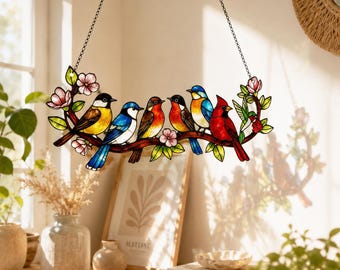 Stained Glass Bird Suncatcher, Colorful Songbird Window Hanging, Cardinal Bluebird Chickadee Branch Decor, Bird Lover Gift