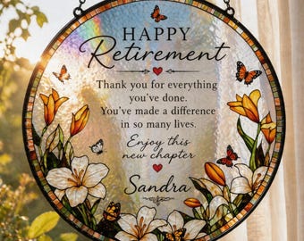 Personalized Retirement Gift Suncatcher, Custom Name Glass Decor, Happy Retirement Gift for Coworker, Teacher, Nurse Keepsake Window Art