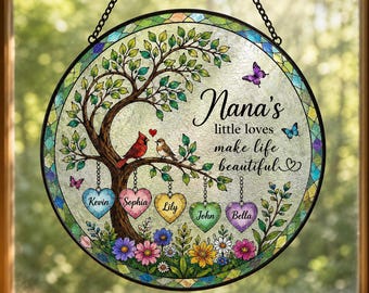 Personalized Nana Family Tree Suncatcher, Custom Grandkids Names Gift, Stained Glass Grandma Window Hanging, Mother's Day Gift