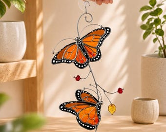 Orange Butterfly Stained Glass Suncatcher, Double Monarch Window Hanging, Handmade Glass Art, Nature Lover Gift