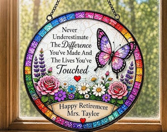 Teacher Retirement Gift, Personalized Butterfly Suncatcher, Custom Teacher Appreciation Gift, Stained Glass Window Hanging Decor