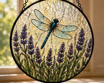 Dragonfly Suncatcher, Lavender Stained Glass Window Hanging, Dragonfly Window Decor, Nature Lover Gift, Garden Sun Catcher