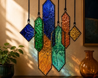 Colorful Stained Glass Wind Chime, Jewel Tone Suncatcher, Blue Green Amber Window Hanging, Boho Home Decor