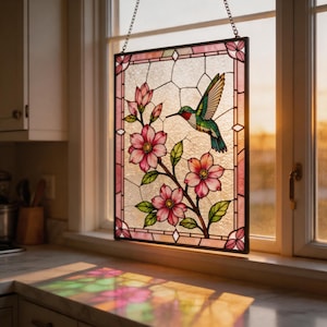 Op de afbeelding: Gebrandschilderd glazen raampaneel met een kolibrie en roze bloemen. Het paneel is omlijst in een donkere kleur en hangt voor een raam. De kolibrie is groen, rood en wit. De bloemen zijn roze met gele centra.