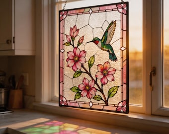 Hummingbird Stained Glass Suncatcher, Pink Flower Window Hanging Panel, Floral Glass Art Decor, Mother’s Day Gift, Gift for Mom