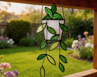 Stained Glass Plant Suncatcher, Hanging Leaf Window Decor, Green Botanical Glass Art, Sun Catcher Hanging, Plant Lover Gift, Boho Home Decor