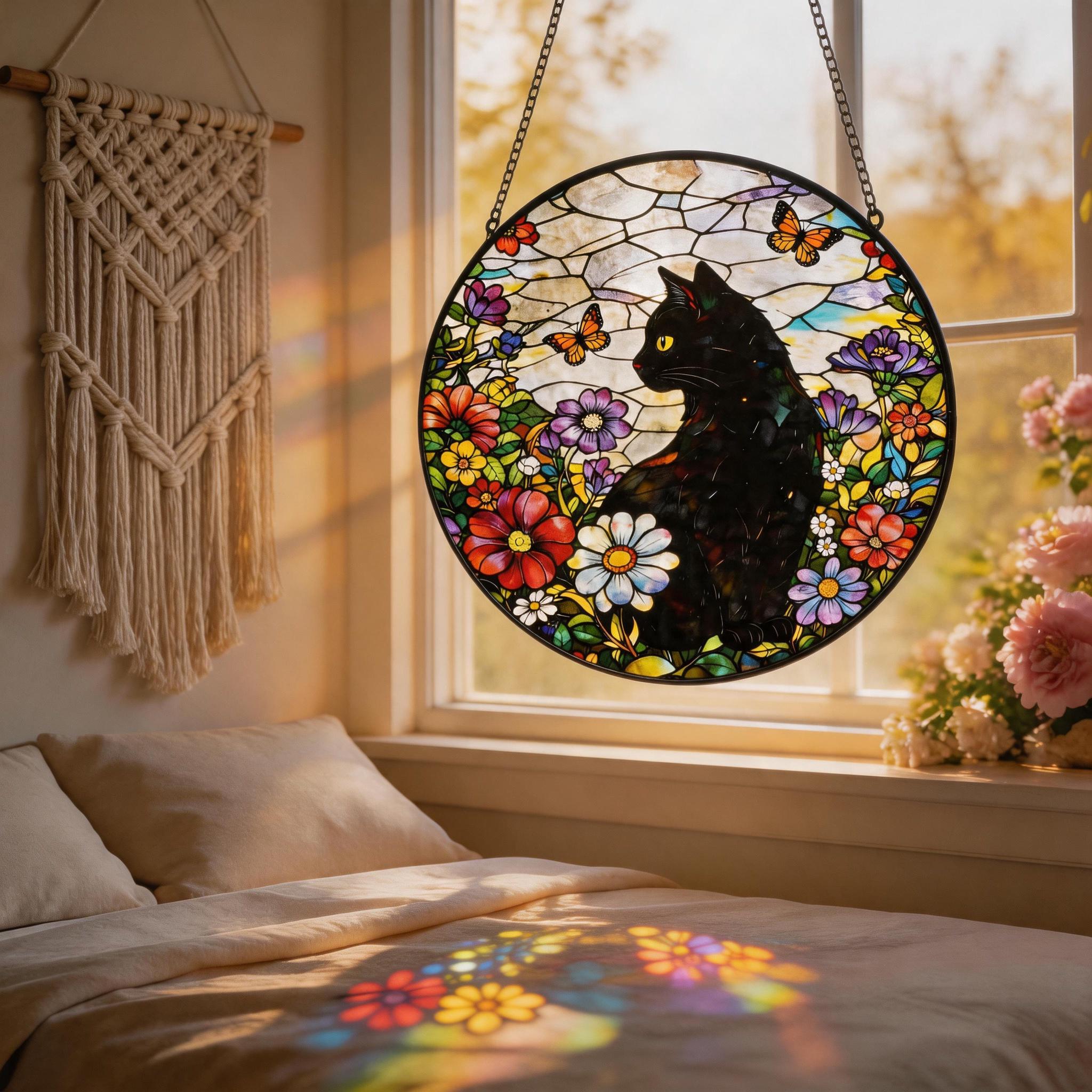 Stained Glass Black Cat Suncatcher, Floral Cat Window Hanging Decor ...