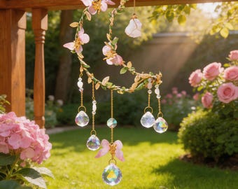 Moon Suncatcher with Crystals, Crescent Moon Hanging Decor, Garden Wind Chime, Crystal Sun Catcher Gift for Her, Outdoor Decor