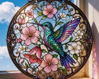 Stained Glass Hummingbird Suncatcher, Round Window Hanging Decor, Floral Bird Glass Art, Colorful Sun Catcher Gift for Mom Garden Home