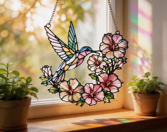 Hummingbird Stained Glass Suncatcher, Floral Window Hanging, Pink Flower Glass Decor, Spring Garden Gift for Mom, Nature Lover Gift