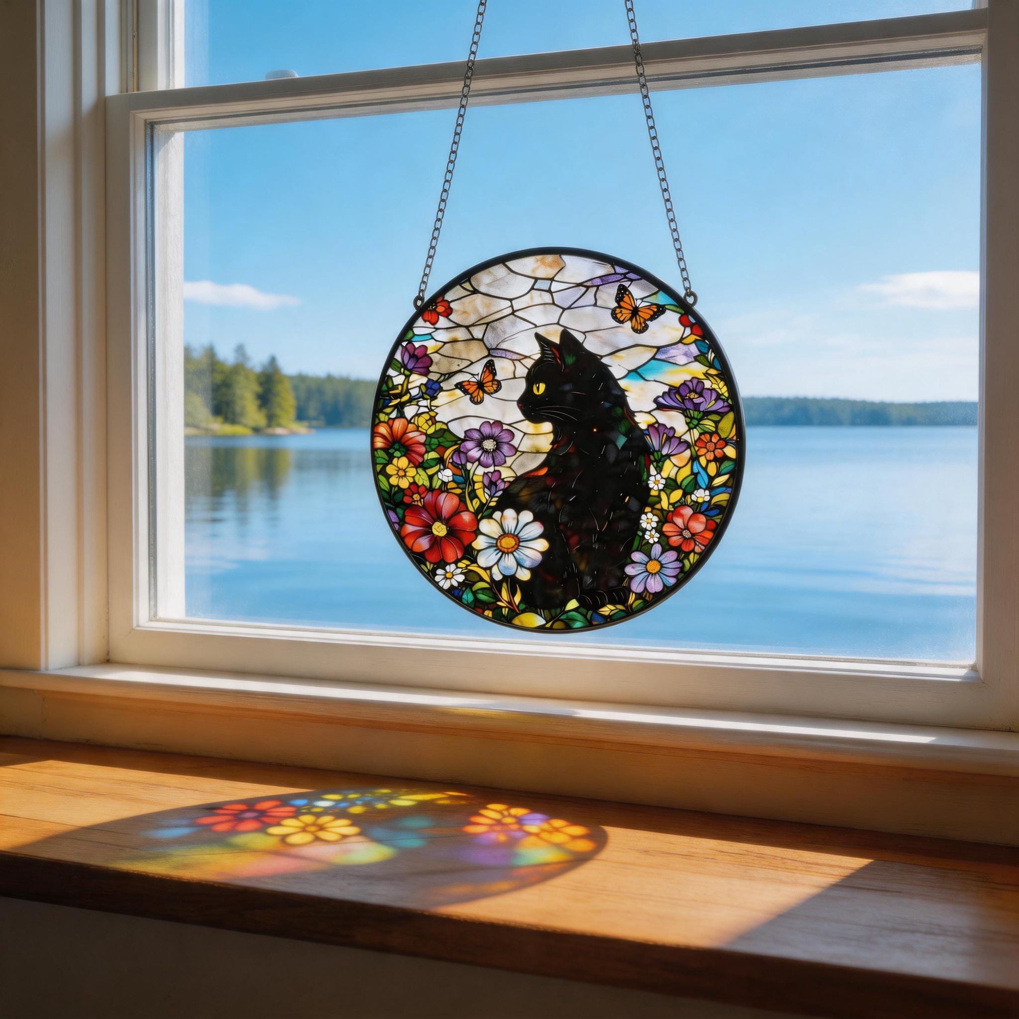Stained Glass Black Cat Suncatcher, Floral Cat Window Hanging Decor ...