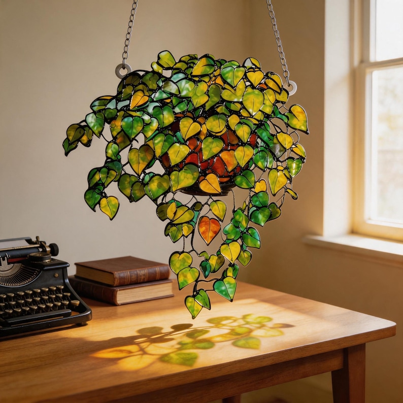 May include: A hanging stained glass plant sculpture featuring numerous heart-shaped leaves in shades of vibrant green and yellow. The piece is suspended by metal chains and casts colourful light patterns onto the surface below the hanging foliage.