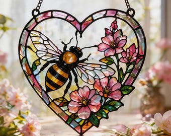 Heart Stained Glass Suncatcher, Bee and Flower Decor, Handmade Glass Hanging, Gift for Mom Grandma, Spring Garden Window Decor, Gift for Her