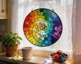 Rainbow Stained Glass Suncatcher, Colorful Spiral Window Hanging, Mosaic Glass Decor, Boho Sun Catcher, Gift for Her