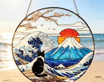 Stained Glass Cat Suncatcher, Japanese Wave Fuji Mountain Window Hanging, Black Cat Decor, Ocean Sunset Glass Art, Unique Gift for Cat Lover