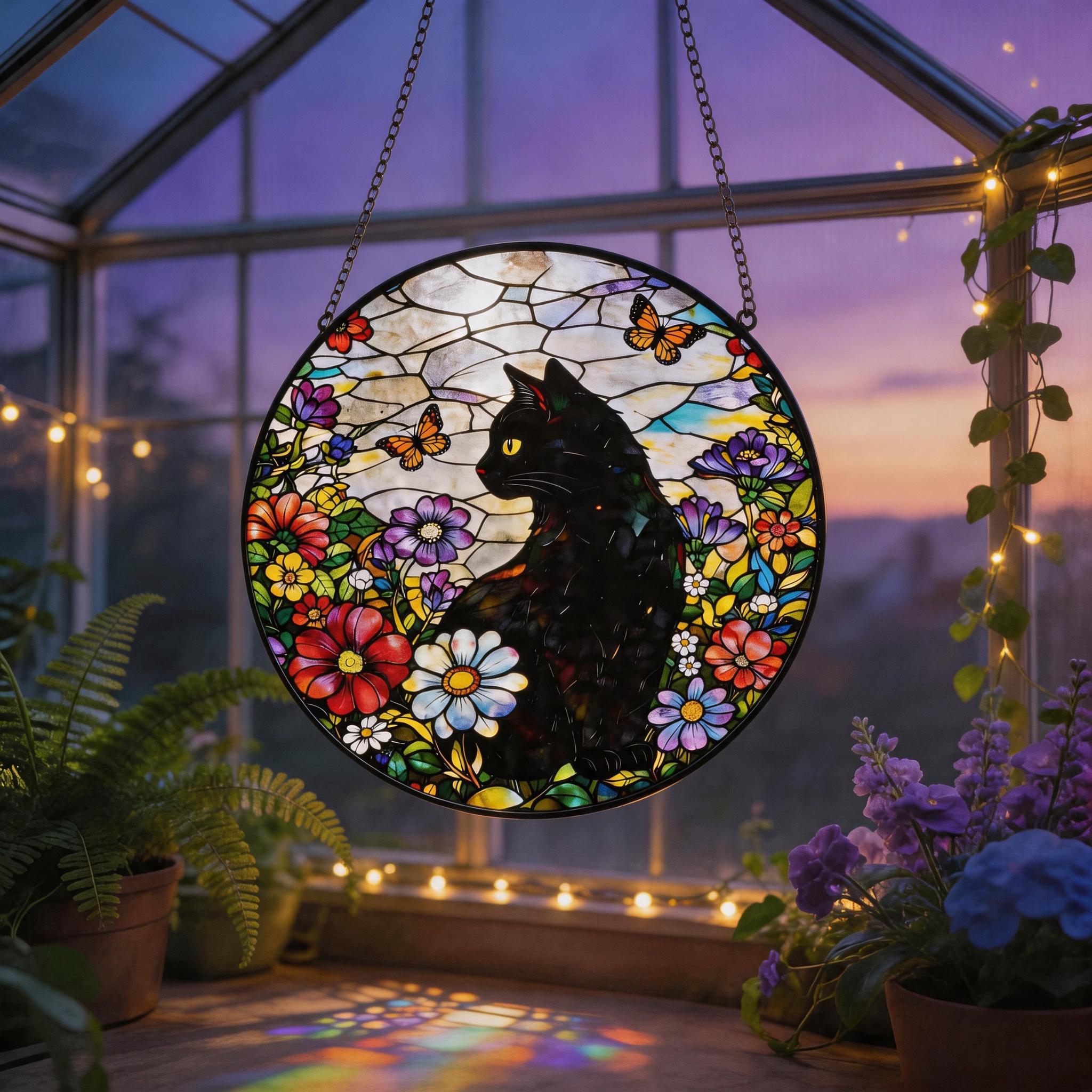 Stained Glass Black Cat Suncatcher, Floral Cat Window Hanging Decor ...