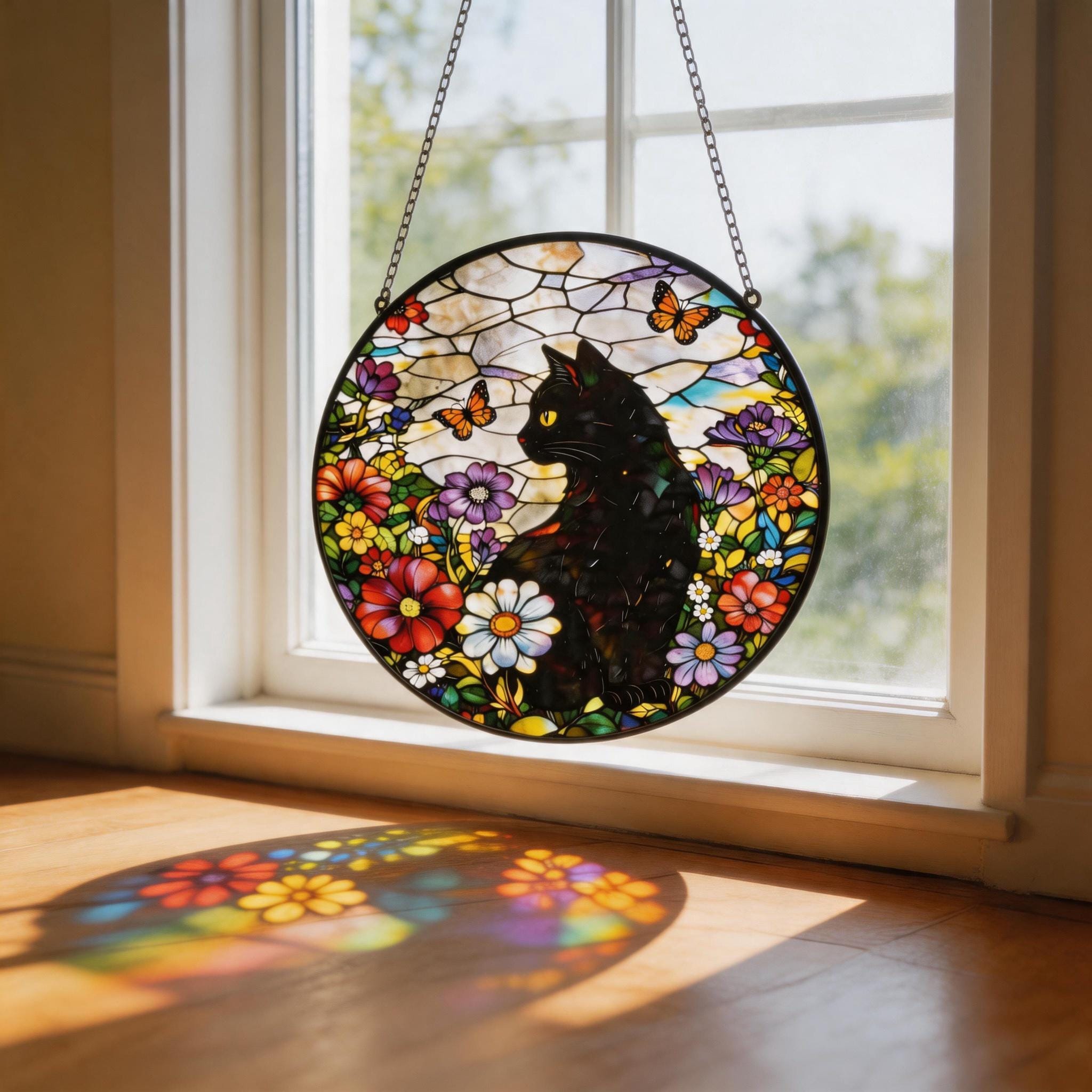 Stained Glass Black Cat Suncatcher, Floral Cat Window Hanging Decor ...