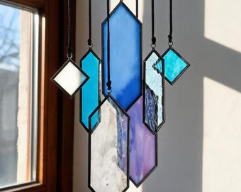 Geometric Stained Glass Suncatcher, Modern Window Hanging, Blue Glass Sun Catcher, Minimalist Glass Decor, Prism Art