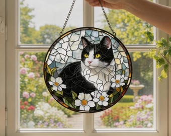 Black Cat Stained Glass Suncatcher, Tuxedo Cat Window Hanging, Floral Cat Sun Catcher, Pet Lover Gift, Cottagecore Glass Decor