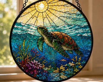 Sea Turtle Stained Glass Suncatcher, Ocean Turtle Window Hanging, Coastal Sun Catcher, Tiffany Style Beach Decor, Handmade Glass Art Gift