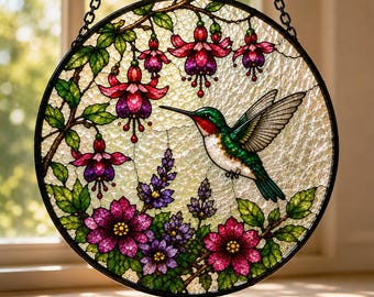 Hummingbird Stained Glass Suncatcher, Floral Bird Window Hanging, Round Tiffany Style Glass Panel, Colorful Sun Catcher Decor Gift