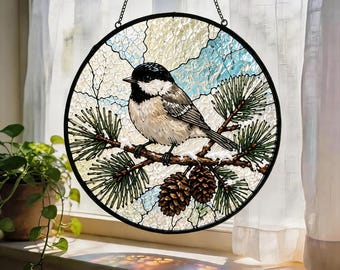 Chickadee Bird Suncatcher, Stained Glass Window Hanging, Winter Bird Decor, Pine Cone Sun Catcher, Nature Lover Gift