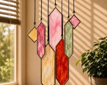 Geometric Stained Glass Window Hanging, Colorful Stained Glass Suncatcher,  Handmade Window Hanging Art,  Unique Housewarming Gift for Her