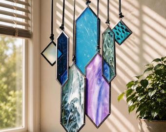 Ocean Inspired Stained Glass Suncatcher, Blue Lavender Window Hanging, Geometric Glass Decor, Coastal Gift for Her