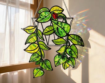 Stained Glass Pothos Suncatcher, Hanging Plant Window Decor, Green Leaf Sun Catcher, Houseplant Lover Gift, Botanical Glass Art