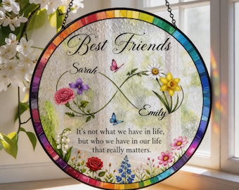 Best Friend Birth Flower Suncatcher, Personalized Friendship Gift, Custom Name Glass Window Hanging, Rainbow Stained Glass Decor Gift