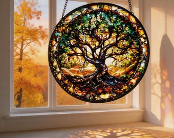 Tree of Life Stained Glass Suncatcher, Round Window Hanging, Colorful Light Catcher, Nature Tree Art Decor, Sunlit Home Gift