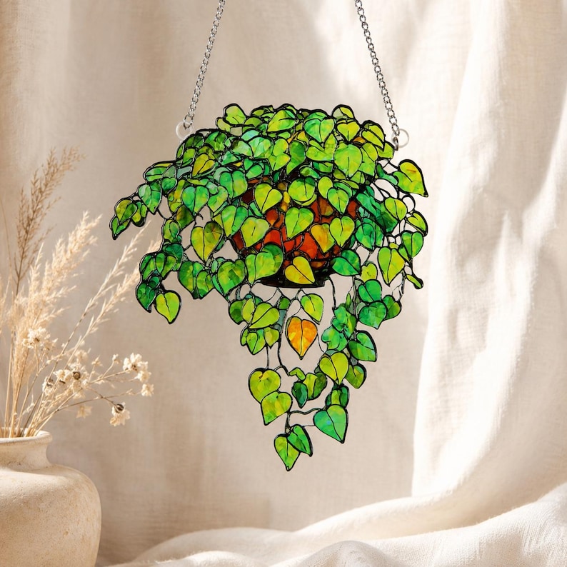 Stained Glass Hanging Plant Suncatcher, Green Leaf Window Decor, Ivy Plant Glass Art, Nature Sun Catcher, Gift for Her image 5