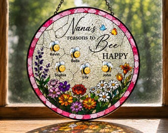 Personalized Nana Suncatcher, Custom Grandkids Name Gift, Family Tree Stained Glass Decor, Grandma Window Hanging