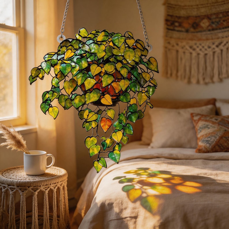 May include: A hanging stained glass plant sculpture featuring numerous heart-shaped leaves in shades of green and yellow. The piece is suspended by silver-toned metal chains and casts colourful light patterns onto the bedding below it.