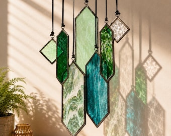 Green Stained Glass Wind Chime Suncatcher, Geometric Window Hanging, Emerald Teal Glass Art, Gift For Grandma