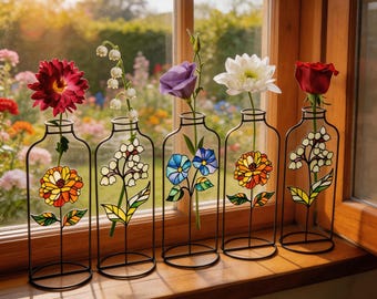 Personalized Stained Glass Birth Flower Vase, Custom Flower Bottle Decor, Mother's Day Gift for Mom, Grandma Gift, Sunlit Home Decor