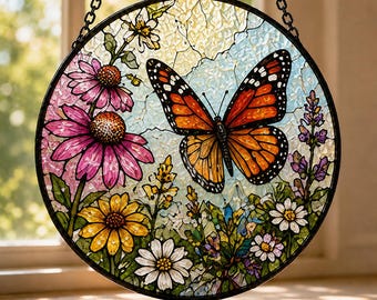 Monarch Butterfly Suncatcher, Wildflower Stained Glass Window Hanging, Floral Sun Catcher, Butterfly Garden Decor, Nature Lover Gift