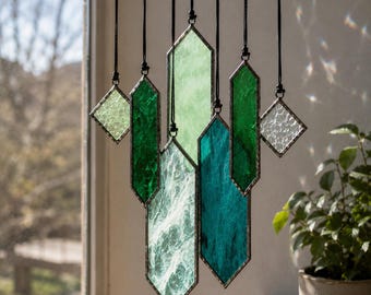 Green Geometric Stained Glass Suncatcher, Modern Window Hanging, Emerald Prism Decor, Minimalist Glass Art