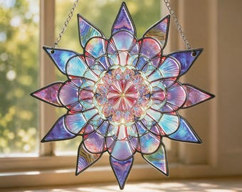 Boho Mandala Suncatcher, Iridescent Stained Glass Window Hanging, Rainbow Sun Catcher, Crystal Light Decor, Spiritual Home Gift