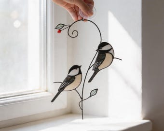 Stained Glass Bird Suncatcher, Chickadee Window Hanging Decor, Garden Sun Catcher, Nature Lover Gift, Outdoor Window Ornament