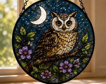 Owl Stained Glass Suncatcher, Moon Owl Window Hanging, Tiffany Style Owl Decor, Night Forest Glass Art, Handmade Bird Gift
