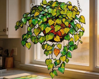 Acchiappasole in vetro colorato con piante, decorazione per finestra con foglie verdi, arte in vetro con edera, acchiappasole naturale, regalo per lei