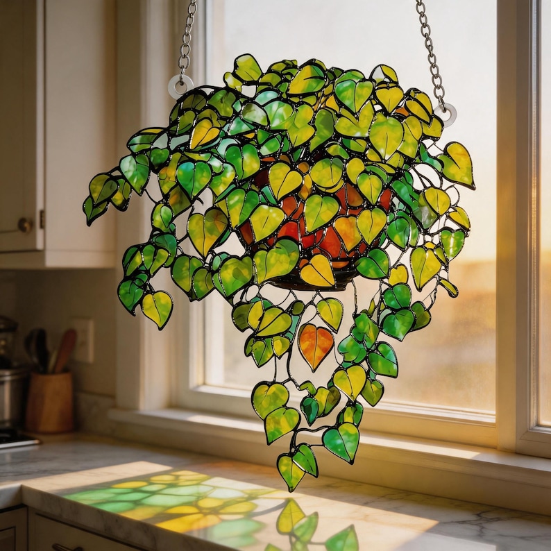 May include: A hanging stained glass plant featuring numerous heart-shaped leaves in shades of vibrant green, yellow, and orange. The glass pieces are joined by dark metal soldering, and the entire structure is suspended by two silver-toned metal chains.
