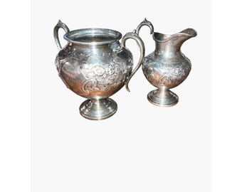 Antique Silver Plate Repousse Creamer and Sugar Bowl Set Floral Victorian Style