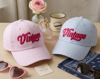 Vintage Embroidered Seersucker Baseball Cap, Striped Retro Dad Hat, Preppy Summer Cap, Adjustable Women’s Gift