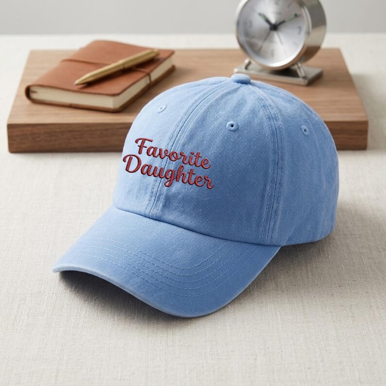 May include: A light blue baseball cap with a curved brim and embroidered red text on the front that reads Favorite Daughter. The cap features a six-panel construction with stitched eyelets on the crown and a button at the top center.