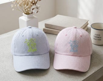 Palm Tree Embroidered Seersucker Cap, Tropical Striped Baseball Hat, Preppy Beach Summer Cap, Pink Blue Vacation Gift for Her